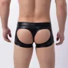 Briefs Panties Men Open Back Hip Sexy PU Faux Leather Buttocks Boxers U Convex Big Bag T Underwear Breathable G-String YQ240215