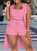 Plus Size Casual Outfits Three Piece SetWomens Plus Solid Ribbed Tank Top Drawstring Shorts Split Hem Cardigan Outfits 240202