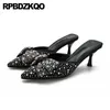 Talltor Stängt tå tunna pumpar Halvskor Slides Women Sandals Kitten Hälen Jewel Bowtie High Heels Medium Pearl Rhinestone Mules