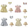 Flickklänningar sommar barn fragmenterad blomma klänning flicka baby flip krage bubbla kjolar kort ärm sol skugga hatt prinsessan klänning gratis headrope size 70- 3612#