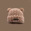 Bérets d'hiver en peluche pelucheux pour femmes, bonnet de protection chaud avec oreilles d'ours de dessin animé, couleur unie, pour filles