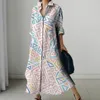 Casual Dresses Elegant Loose Stand Collar Shirt Dress Women's Fall Bohemian Stripe Print Cow Spot Maxi Fashion Geometric Long