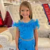 Girl Dresses Royal Blue Jumpsuits Flower For Party Feather Prom Girls Pageant Dress Litter Kids Overskirt Child Birthday Gowns