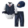 Costumes de bébé né garçon vêtements barboteuse gilet chapeau vêtements formels tenue de fête noeud papillon enfants enfant en bas âge robe d'anniversaire 0 24 M 240127