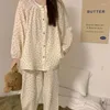 Vêtements de nuit pour femmes coréennes femmes pyjama ensembles floral piiama printemps 2 pièces dentelle à manches longues nuit porte bouton de sommeil costume à la maison 2024