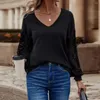 Women's Blouses Women Solid Color V-neck Shirt Lady Regular Fit Stylish Female Lace Patchwork For Spring/autumn