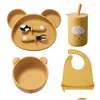 Acessórios para o cabelo 4/5/6pcs Bowls Baby Placas Spuons Sile Feeding Alimentos Tableware BPA Non Slip Plos