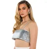 Women's Tanks YOUR BUMP CURVE Shiny Silver Rectangular Crystal Spaghetti Strap Backless Navel Short Top Sexy Women 2024 Summer Open Air