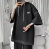 Summer Waffle Hooded Short Sleeve T-shirt Korean Fashion Fake Two Tshirt Y2K Streetwear Oversize Tee Tops Casual ropa hombre 240129