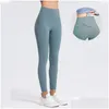 Yoga Outfit Lu-2023 Tessuto Lycra Tinta unita Pantaloni da donna Vita alta Sport Abbigliamento da palestra Leggings Elastico Fitness Lady Pantaloni da esterno Dro Otqg6