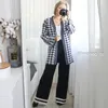 Camisetas femininas Oversized Houndstooth Knit Mulheres Cardigan Sweater Fatos Outono Inverno Malha Calças de Perna Larga Ternos 2 / Duas Peças Conjunto