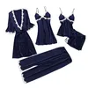 Conjunto de pijama de 5 piezas para mujer, ropa de dormir de satén con adornos de encaje, pijamas para mujer, ropa de dormir, pijama elegante para el hogar, bata tipo kimono, camisones 240201