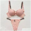 Kvinnors trosor Kvinnor Victorias Secret Letter BH och trosor Set Sexiga spetsar Kvinnor Underkläder thongunderkläder Push Up Seamless Pink Gift DHR4O