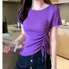 Women's T Shirts Ice Silk Short-sleeved T-shirt Summer Drawstring Design Sense Edge Knit Sweater Thin Tight Crop Top Ins