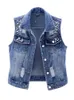 New denim womens tank top luxury pearl fashion open front autumn jeans jacket sleeveless loose short jacket waist jacket 5XL 240216