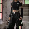 T-shirt femme T-shirts Patchwork T-shirts noirs Gothique One Shoder Sleeve Y2K Crop Tops Volants Hem Hip Hop Techwear Femmes Tees Drop D Ot2R5