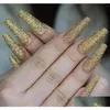 Unghie finte glitter polvere d'oro stampa su bara extra lunga forma ballerina falso Fl Er balletto lucido acrilico artificiale goccia consegna He Otv42