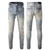 Pantaloni firmati Amirs Jeans da uomo Jeans viola Industria pesante High Street Hole Star Patch Pantaloni con pannello ricamato a stella lavata Pantaloni casual elasticizzati Moto Biker