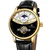 Wristwatches 2024 Forsining Mens Watches Automatic Mechanical Tourbillon Sport Clock Flywheel Multi-function Moon Display Leather Wrist