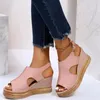 Sandaler 2024 Kvinnors Casual Wedge Comfy Open Toe Glitter Color Golden Summer High-Heeled Sandalias de Mujer