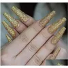 False Nails Glitter Gold Powder Press On Extra Long Coffin Ballerina Shape Fake Fl Er Shiny Ballet Artificial Acrylic Drop Delivery He Otzsc