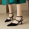 Sandals Kid Suede Closed Pointed Toe Women Summer Black Green High Thin Heeled Party Shoes Sexy Ladies Ankle Strap