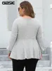 GIBSIE Plus Size Tops met lange mouwen voor dames Lente Herfst V-hals Peplum T-shirt Vrouwelijke casual geribbelde gebreide T-shirts Kleding 2023 240202