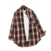 Women's Blouses Turn Down Collar Long Sleeve Patch Pocket Single-breasted Shirt Coat Classic Plaid Print Casual Mid-Length Cardigan Blouse