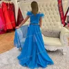 Flickaklänningar Royal Blue Jumpsuits Flower For Party Feather Prom Girls Pageant Dress Litter Kids Overskirt Barn födelsedagsklänningar