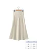 Jupes Fans Y2K Casual Femmes Maxi Longue Jupe 2024 Printemps Élastique Taille Haute A-ligne Femme Satin Jupe Beige