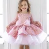 Sequined pink flower girl dresses sheer neck crystals little girl wedding dresses big bow frist communion pageant dresses gowns luxury birthday baby Peageant Dress