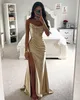 Złota syrenka balowa sukienka bez ramiączki sukien wieczorowe plisowane osłona podzielone formalne czerwone dywan długa specjalna okazja sukienka imprezowa