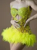 Stage Wear Fashion Green Rhinestone Dress Cearle Sparkle Sexy See Through Club Party Birthday for Women Pole taneczne odzież