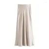 Work Dresses TRAF Women Folds Satin Midi Skirt Sets For Long Sleeve Casual Shirt Office Women's Suits Autumn Street Outfit