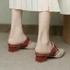 Slippers Rivet Belt Buckle Slides Woman Color Block Shoes Pointed Toe Med High Heel Ladies Office Dress Babouche Mules Sandalias