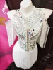 Stage Wear Shining Mirror Rhinestones Outfit Female Singer DJ Show Silver White Fringes Bodysuit Performance Costume