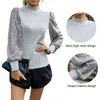 Camicette da donna Autunno Donna Top Patchwork con paillettes Top slim fit alla moda con maniche a sbuffo a collo finto Magliette casual per un look chic