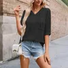 Women's T Shirts Fashion Solid Color Hooded Pocket Knit Reviews Many Clothes Short Sleeve V Neck Hollow Loose Top Official Store