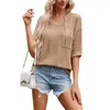 Women's T Shirts Fashion Solid Color Hooded Pocket Knit Reviews Many Clothes Short Sleeve V Neck Hollow Loose Top Official Store