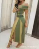 Sukienki swobodne eleganckie dla kobiet 2024 Summer Colorblock Off ramię krótkie rękaw wysokim talii Slim Fit Slit Maxi Ustanie biuro