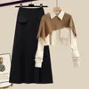 Herbstkleid-Set für Damen, locker gestrickter Schal + langärmeliges Hemd + dreiteiliges Set aus Strick mit halben Ärmeln und hoher Taille, koreanische Mode 240217