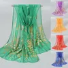 Шарфы 170x60 см, шифоновый длинный блестящий тонкий кашне, Золотая шаль с принтом павлина, шаль жоржет, одноцветный хиджаб