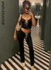 Women's Two Piece Pants BOOFEENAA Y2k Cute Black Set Women Outfit 2024 Summer Lace Up Low Rise Flare And Crop Top Matching Sets C83-CZ30