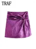 Shorts femininos traf mulher ouro skort 2024 plissado cintura alta nó mini saia feminina chique elegante calças curtas