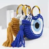 Totes Women Rope Crochet Handbags Tassel Eyes Tote Round Handle Clutch Female Handmade Knitting Yarn Beach Bags for Woven Shoulder BagH24217