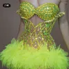 Stage Wear Fashion Green Rhinestone Dress Cearle Sparkle Sexy See Through Club Party Birthday for Women Pole taneczne odzież