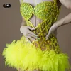 Stage Wear Fashion Green Rhinestone Dress Cearle Sparkle Sexy See Through Club Party Birthday for Women Pole taneczne odzież