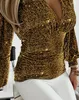 Women's T Shirts Fashion Geometric Print Blouses For Women 2024 Autumn Elegant Spring Deep V-Neck Slim Lantern Sleeve Glitter Ruched Top
