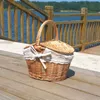 Wicker Basket with Handle DoubleLid Camping Picnic Handmade Weaving Storage Hamper Outdoor Fruit Holder 240223