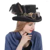 Berets 13.5CM Top Wool Women Men Handmade Steampunk Hat 4Color Steam Punk Glasses Gear Feather Fedora Cosplay 4 Size